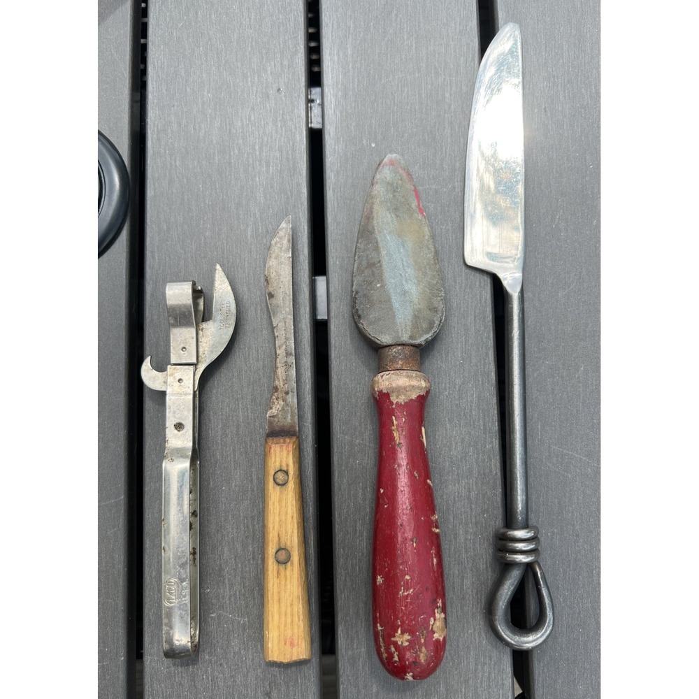 Lot Of 4 Vtg Antique Kitchen Gadgets Utensils Knifes Can Opener Sharpening Stone